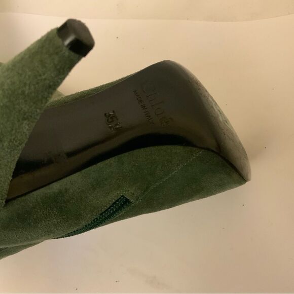 Chloe  Tall Leather Boots Size 35.5  High Heel Over The Knee Zip Green suede - Picture 7 of 12